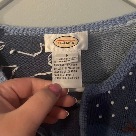 Talbots Full Zip Snowman Winter Cardigan Sweater Womens Size Medium Blue & White - Picture 6 of 8